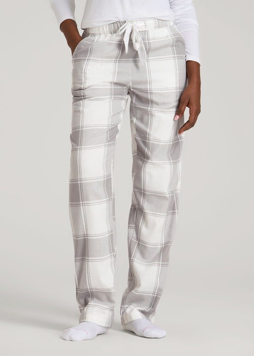 Tie-Waist Flannel Pajama Pants for Tall Women in White and Grey Plaid