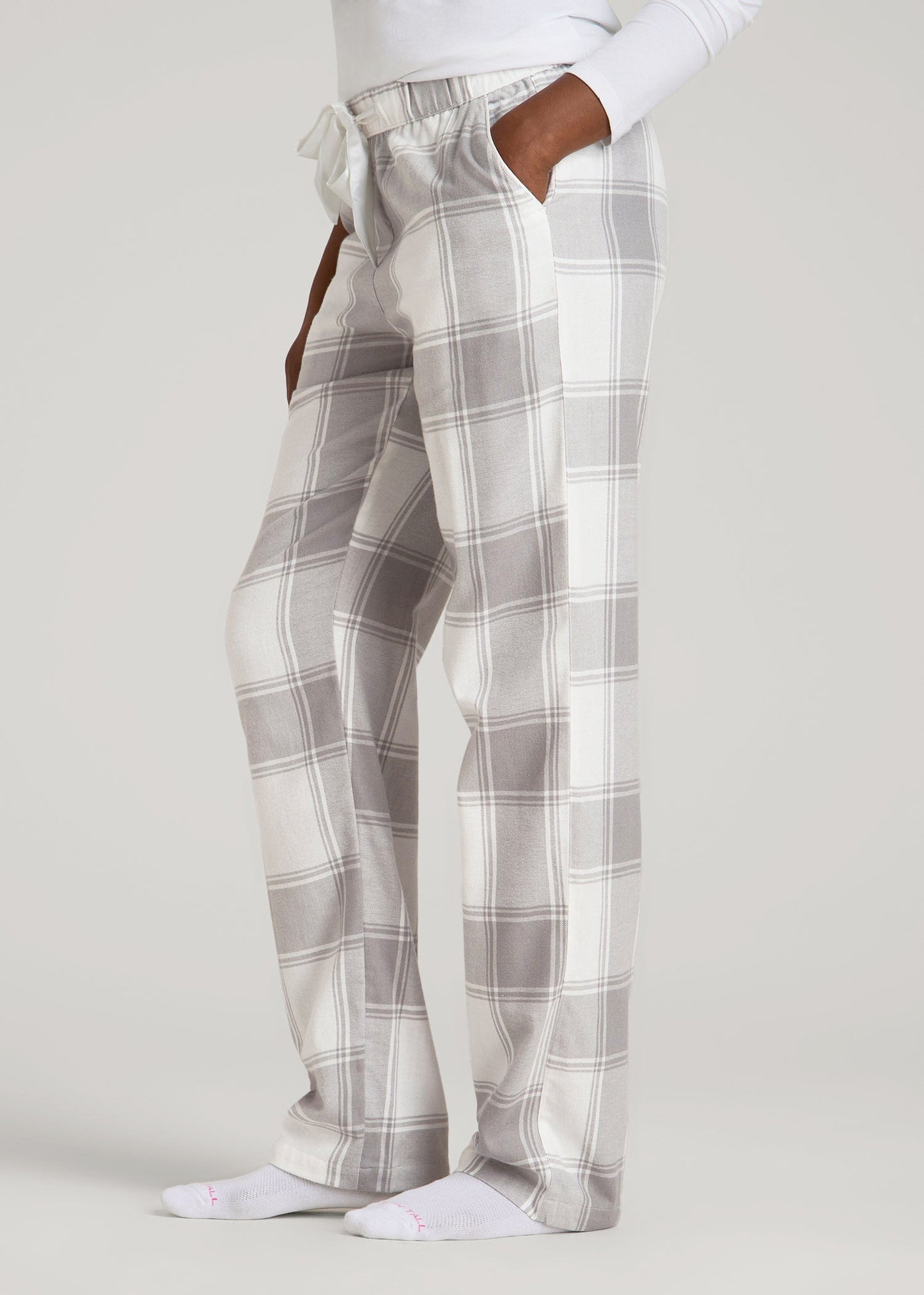 Tie-Waist Flannel Pajama Pants for Tall Women in White and Grey Plaid