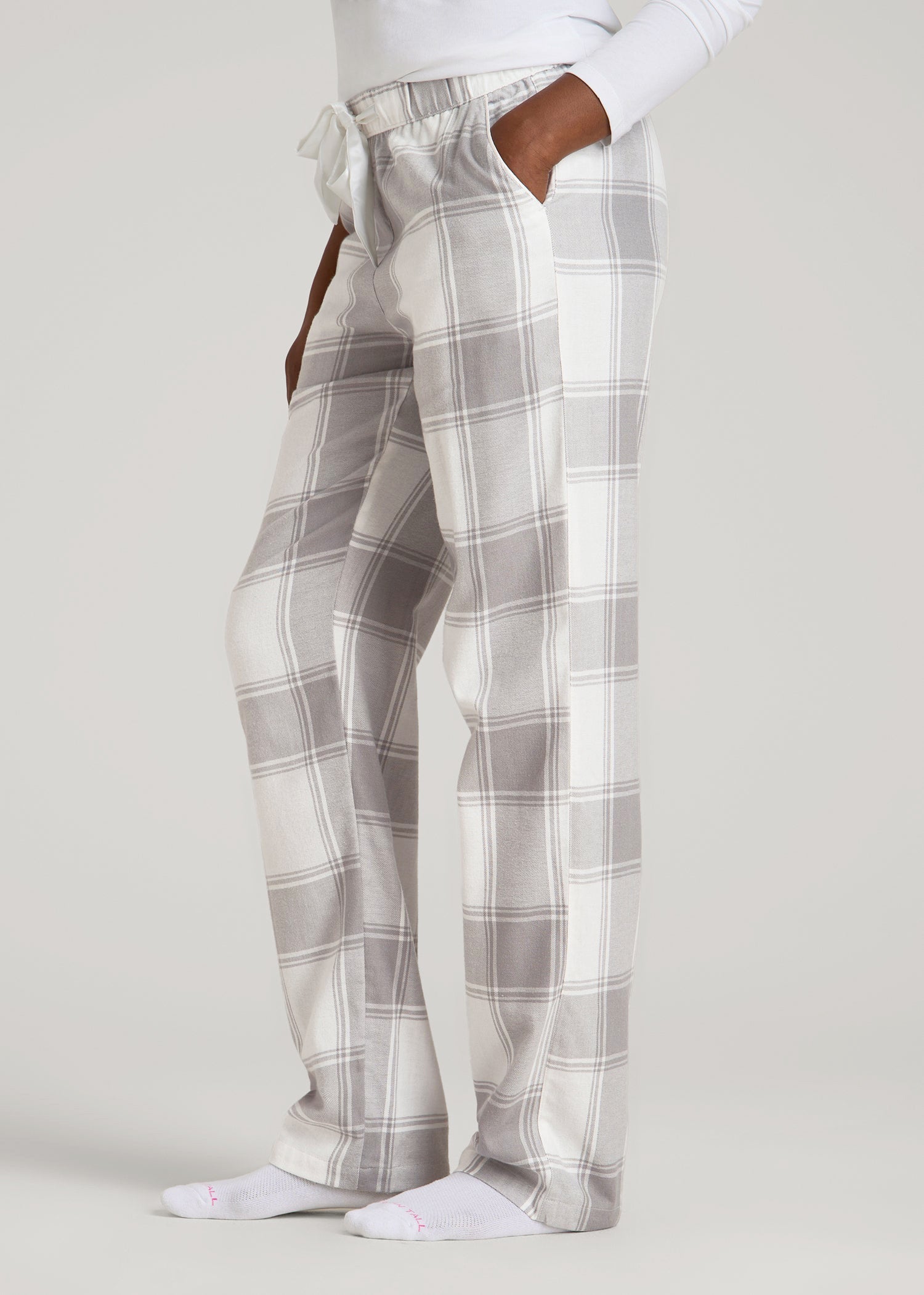Tie-Waist Flannel Pajama Pants for Tall Women in White and Grey Plaid