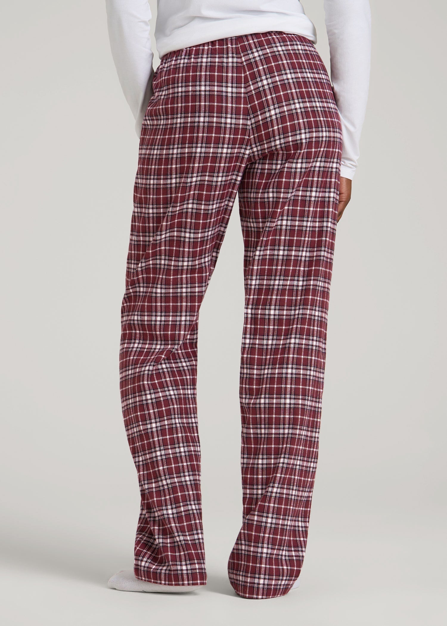 Tie Waist Flannel Pajama Pants for Tall Women in Wine and Grey Lilac Plaid