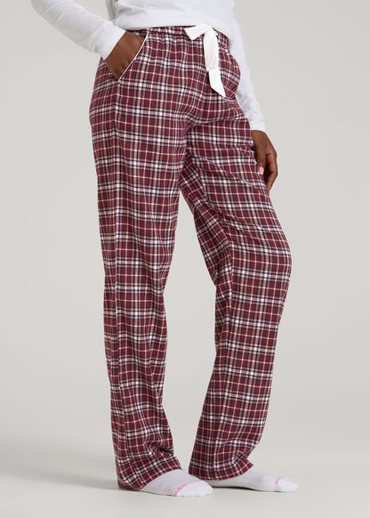 Tie Waist Flannel Pajama Pants for Tall Women in Wine and Grey Lilac Plaid