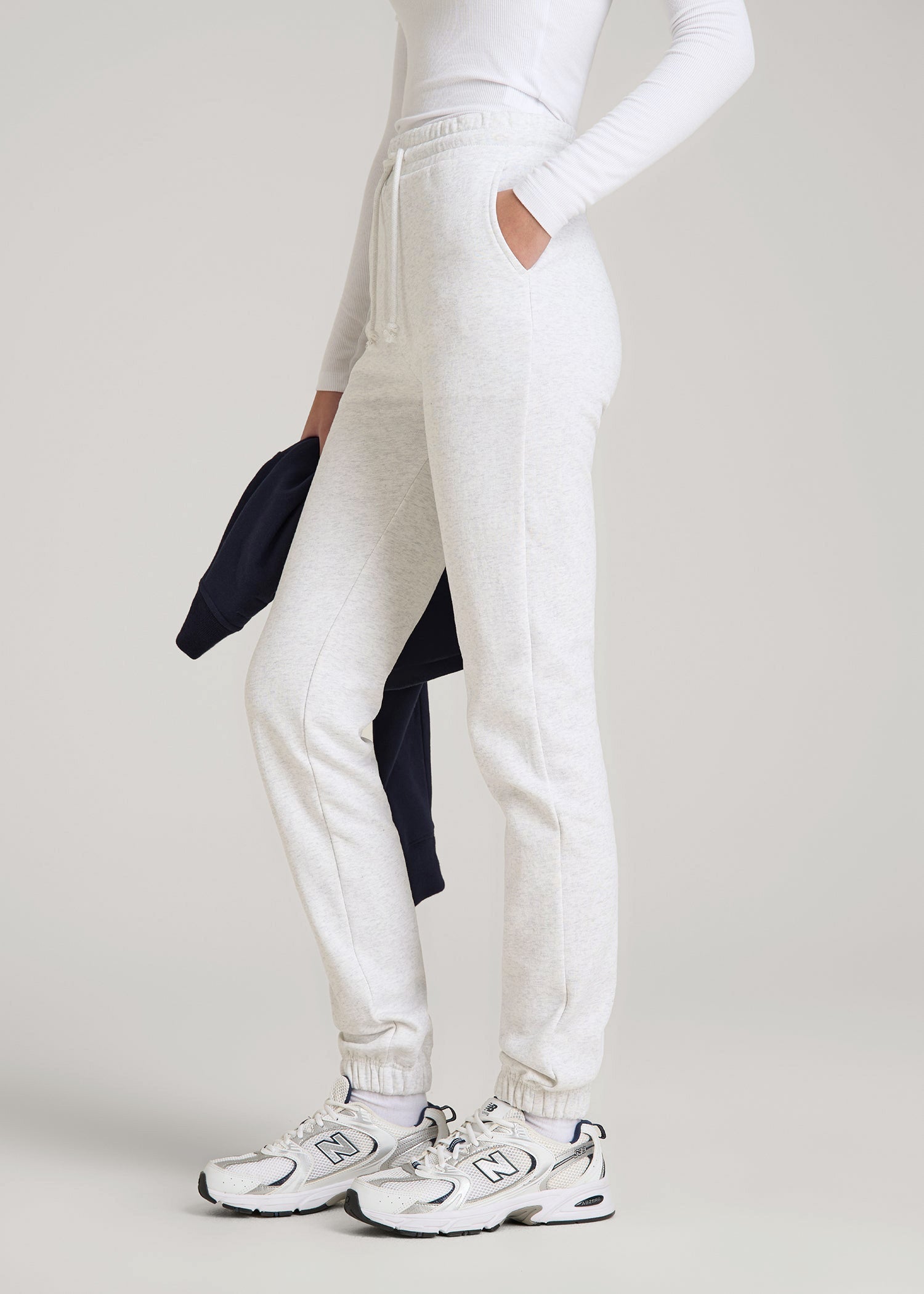 Wearever Fleece Slim Fit High-Waisted Garment Dye Sweatpants for Tall Women in Heather Cloud White