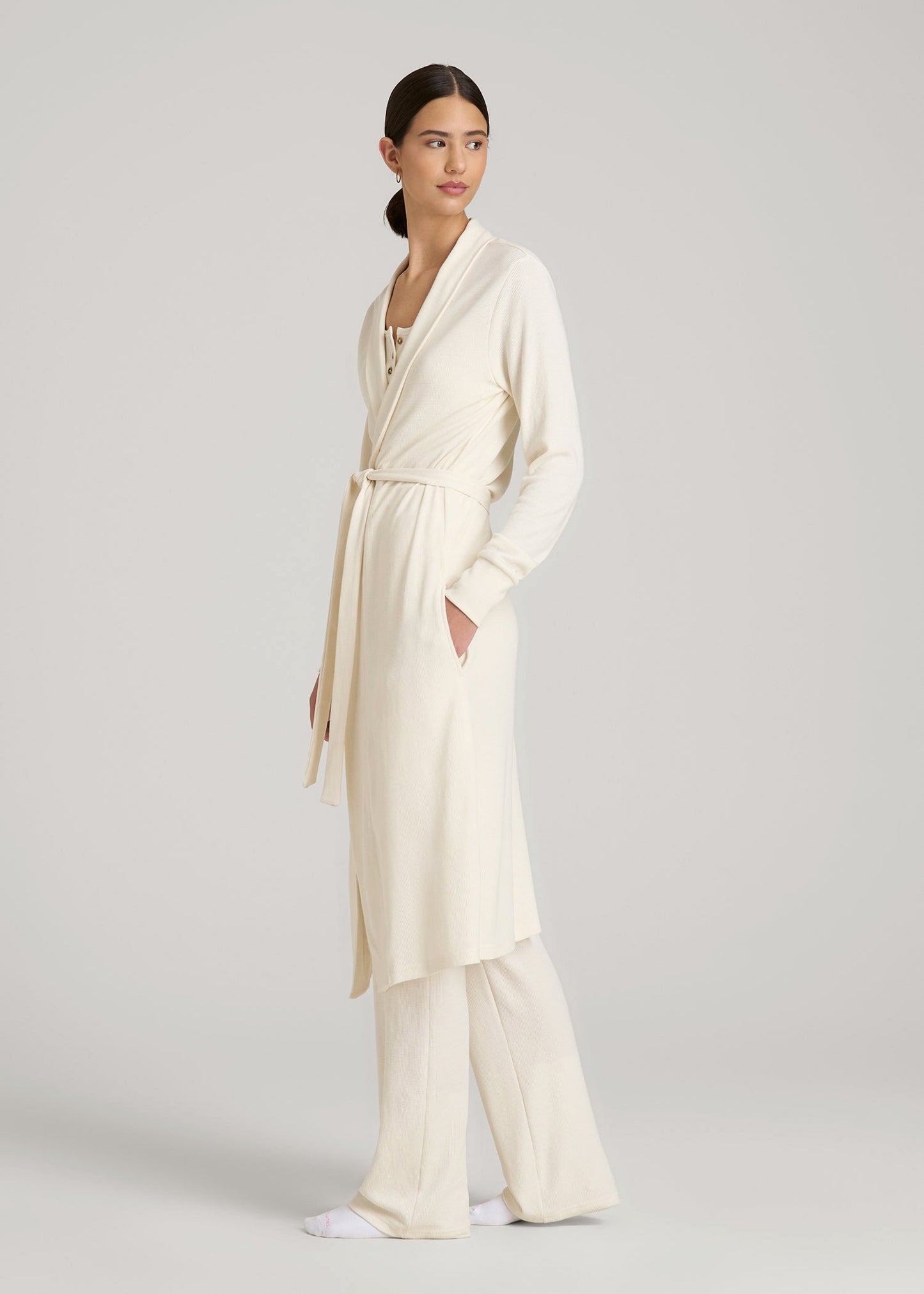 Waffle Lounge Robe for Tall Women in White Alyssum
