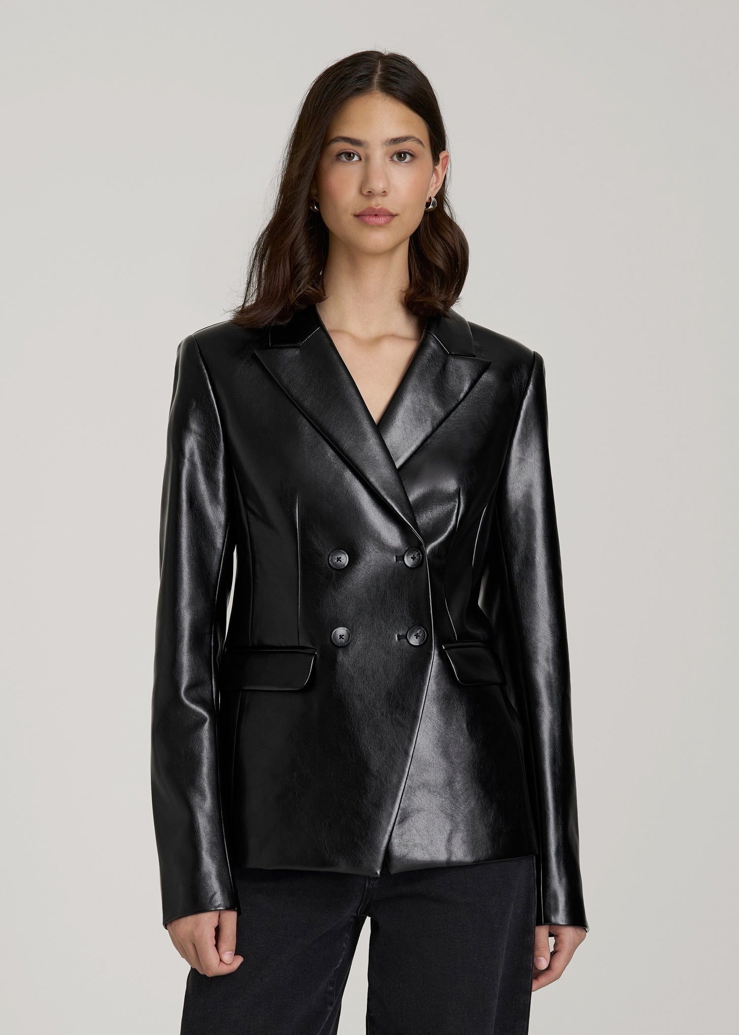True Touch Leather Double Breasted Blazer for Tall Women in Black