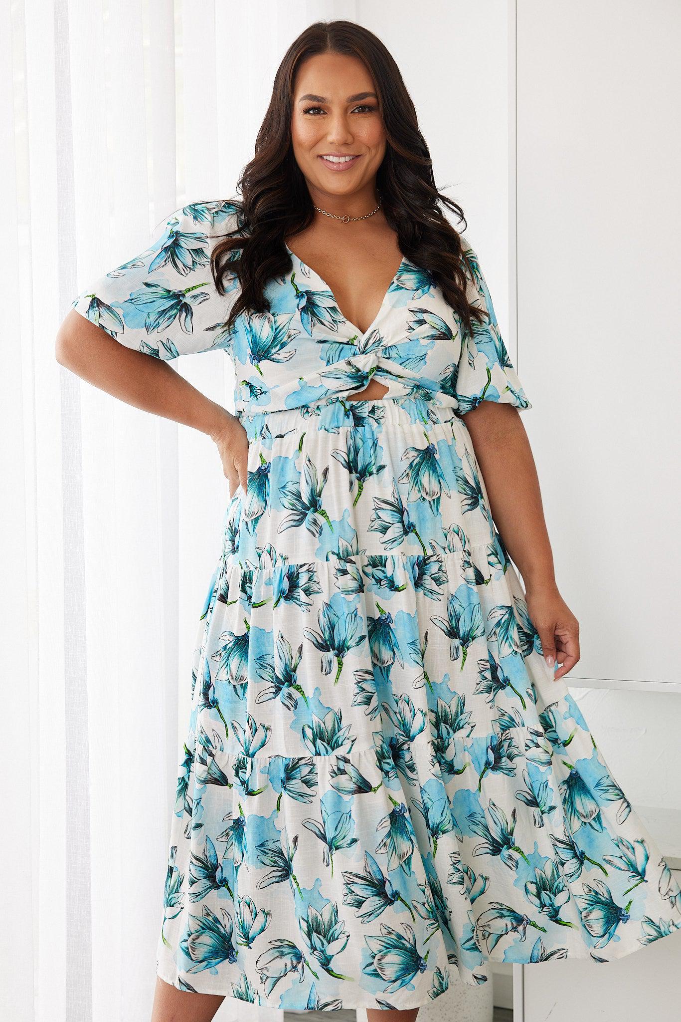 Ashlan Blue Floral Dress | Women's Floral Midi Dress