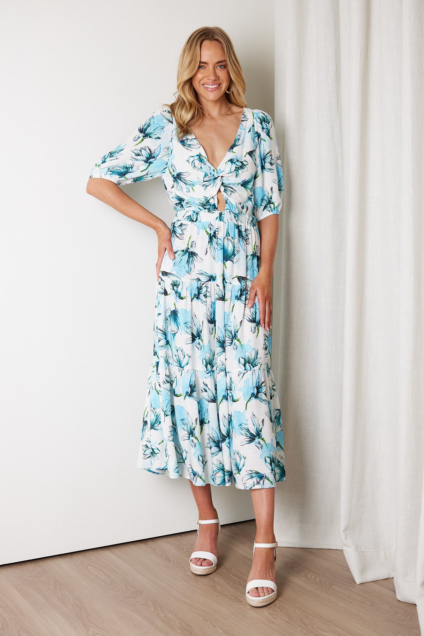 Ashlan Blue Floral Dress | Women's Floral Midi Dress