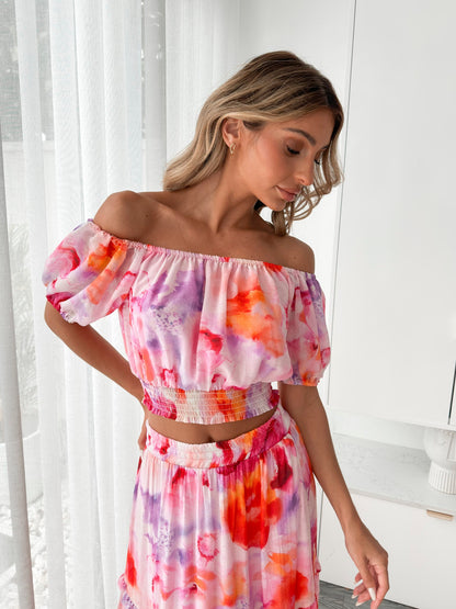 Avelisse Pink Print Top | Women's Off Shoulder Crop Top