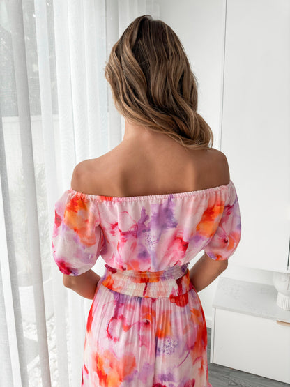 Avelisse Pink Print Top | Women's Off Shoulder Crop Top