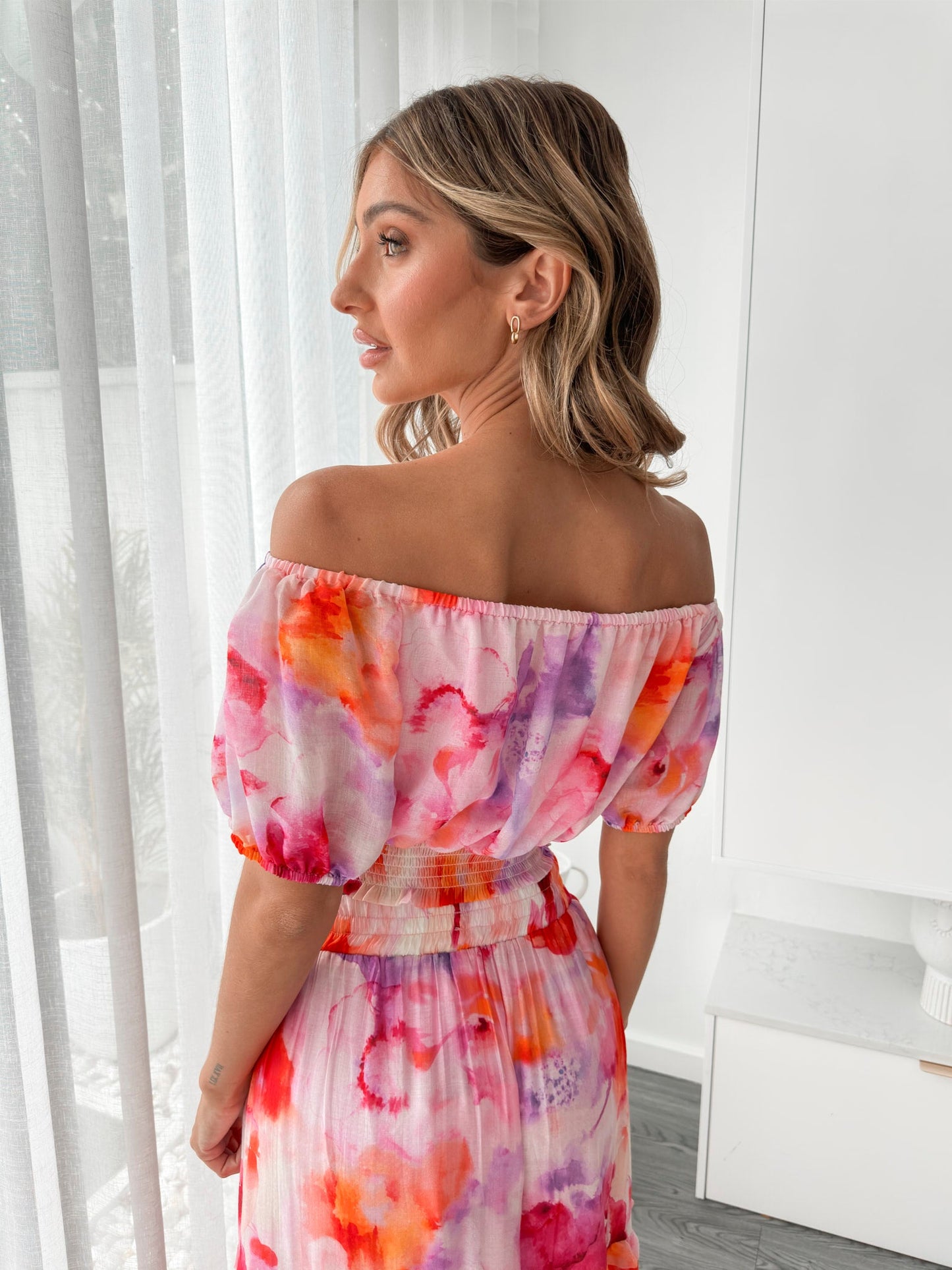 Avelisse Pink Print Top | Women's Off Shoulder Crop Top