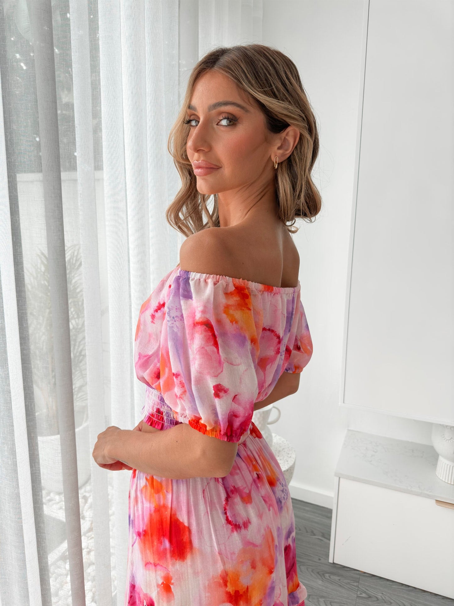 Avelisse Pink Print Top | Women's Off Shoulder Crop Top
