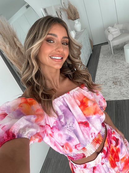 Avelisse Pink Print Top | Women's Off Shoulder Crop Top
