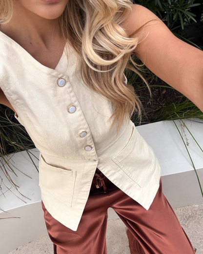 Avida Beige Top | Women's Sleeveless Button Top