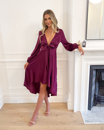 Bryleigh Dress - Bordeaux | Women's Formal Satin Midi Dress