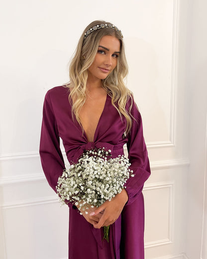Bryleigh Dress - Bordeaux | Women's Formal Satin Midi Dress