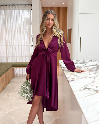 Bryleigh Dress - Bordeaux | Women's Formal Satin Midi Dress