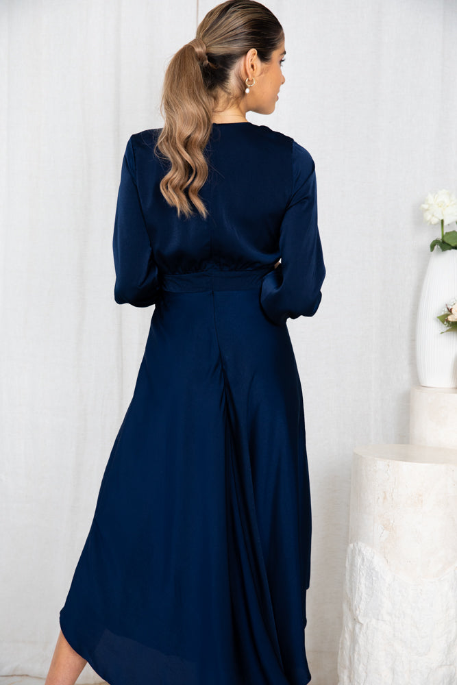 Bryleigh Dress Navy | Women's Formal Satin Midi Dress