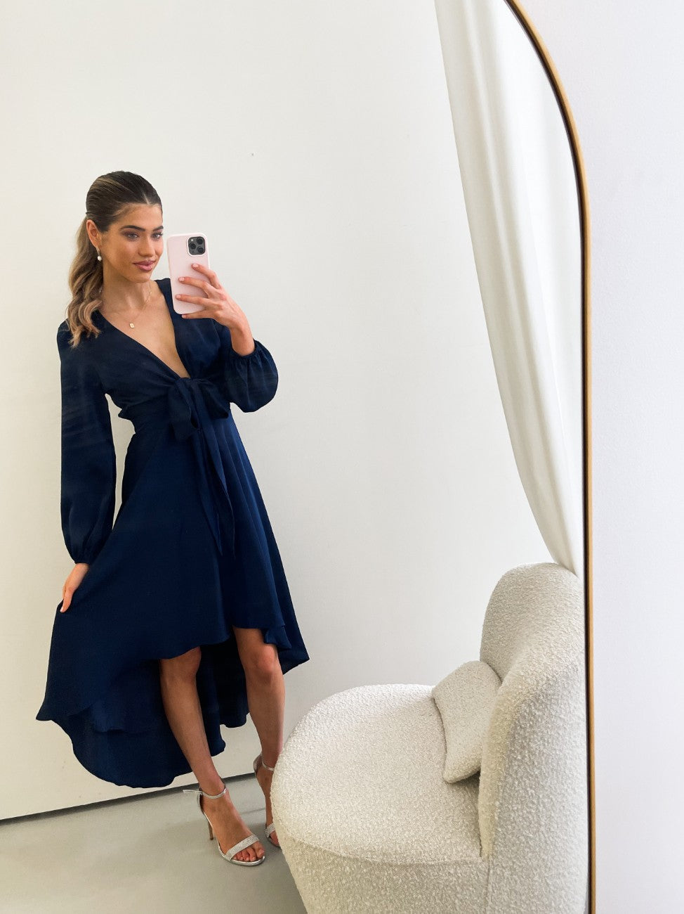 Bryleigh Dress Navy | Women's Formal Satin Midi Dress