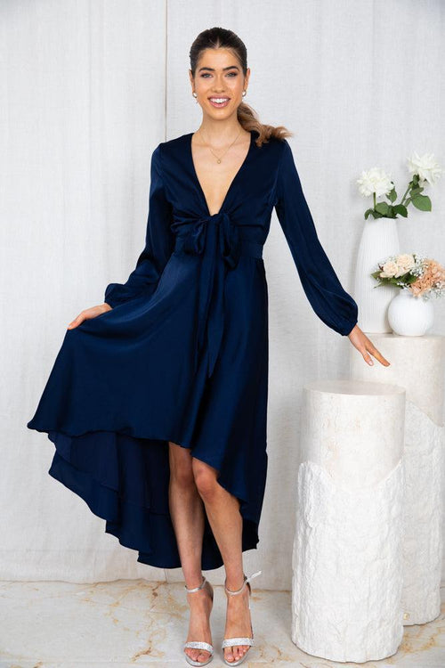 Bryleigh Dress Navy | Women's Formal Satin Midi Dress