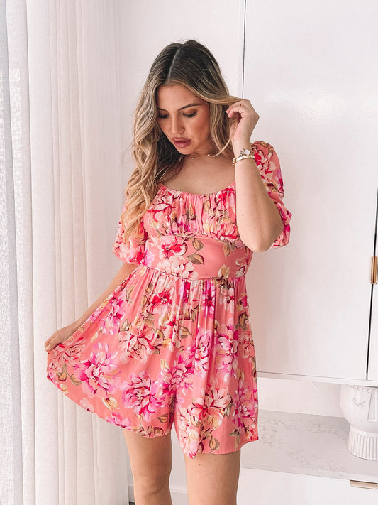 Carolana Peach Blossom Playsuit | Women's Floral Playsuit