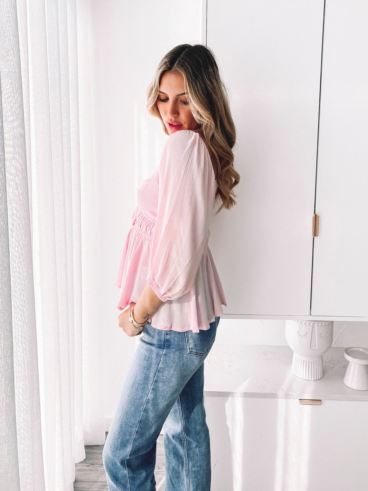 Caroll Pink Sweetheart Top | Women's Peplum Blouse
