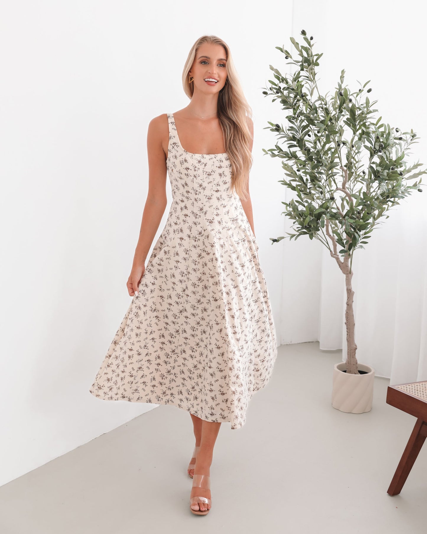 Carucci White Print Dress | Women's Printed Midi Dress