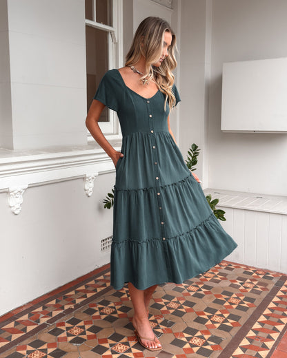 Celie Dress - Deep Green | Women's Linen Midi Dress