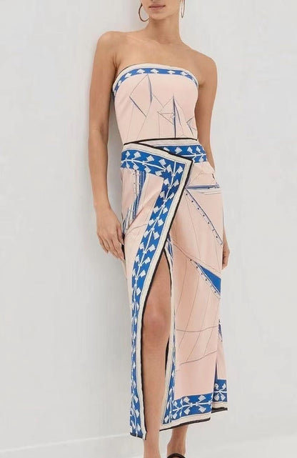 Ceriane Apricot Print Dress | Women's Strapless Maxi Dress