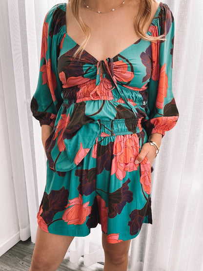 Conell Shorts Botanical Turquoise | Women's Printed High-Waisted Shorts