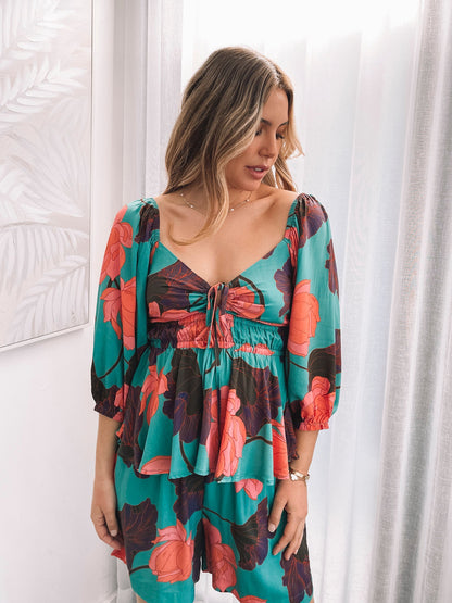Conley Top Botanical Turquoise | Women's Printed Sweetheart Blouse