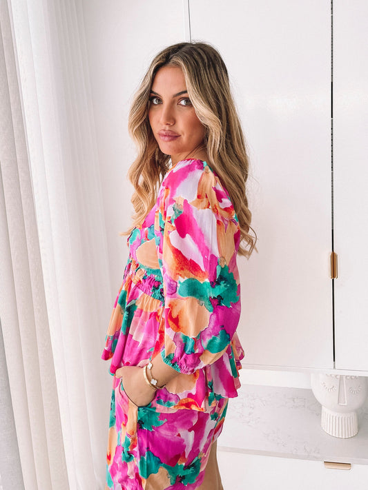 Conley Pink Fiesta Top | Women's Printed Peplum Top