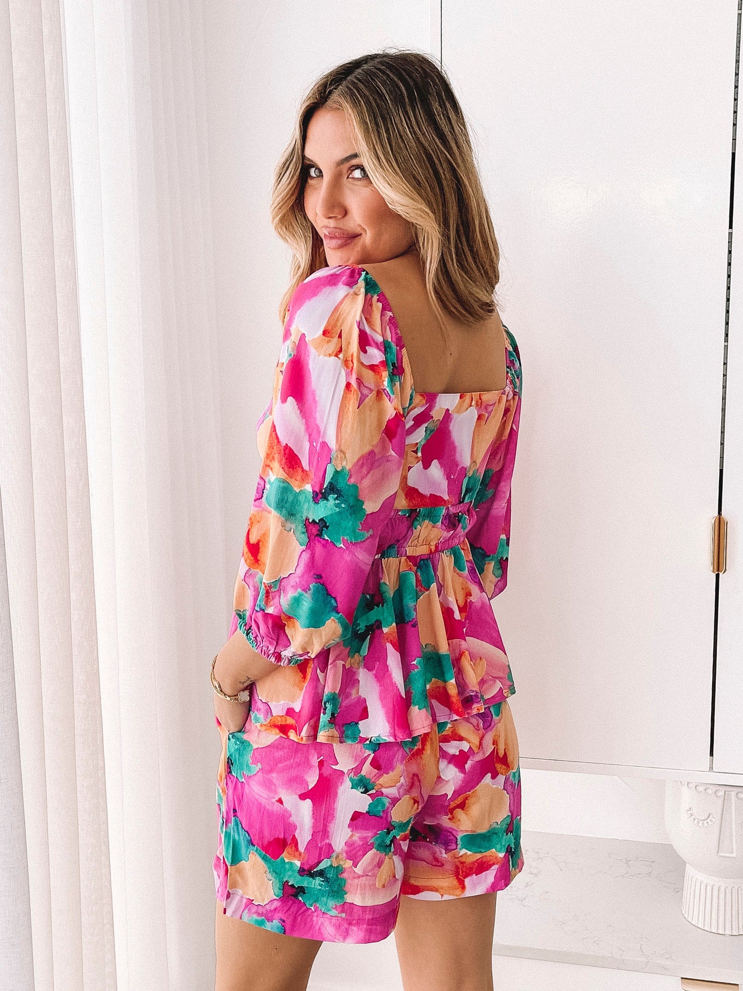 Conley Pink Fiesta Top | Women's Printed Peplum Top