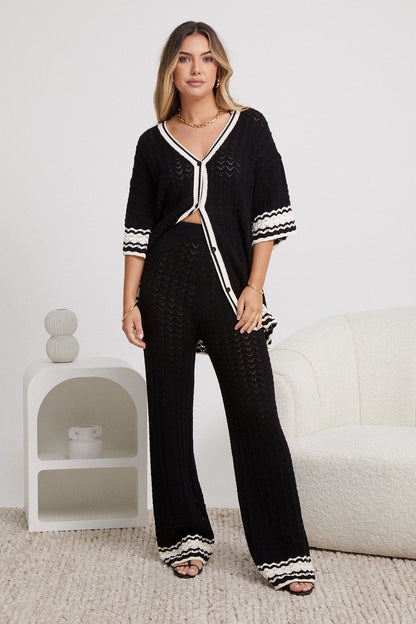 Cresydda Black Multi Knit Pants | Women's High Waisted Wide Leg Knit Pants