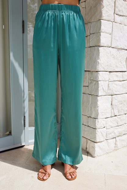Danelle Green Satin Pants | Women's High Waisted Straight Leg Pants