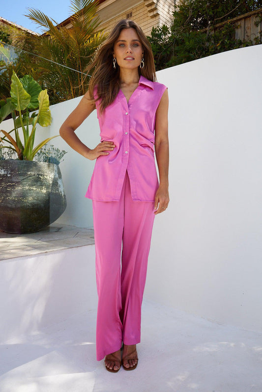 Danelle Pants Pink | Women's High-Waisted Satin Pants