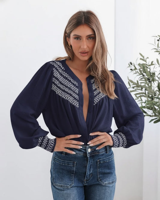 Dareia Blouse Navy Print | Women's Printed Button-Up Blouse