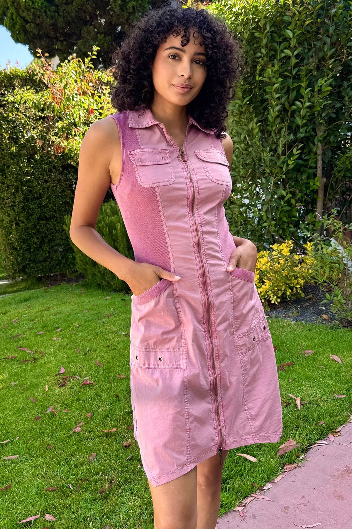 Delmis Poplin/Ribbed Sharkbite Zippered Collar Dress