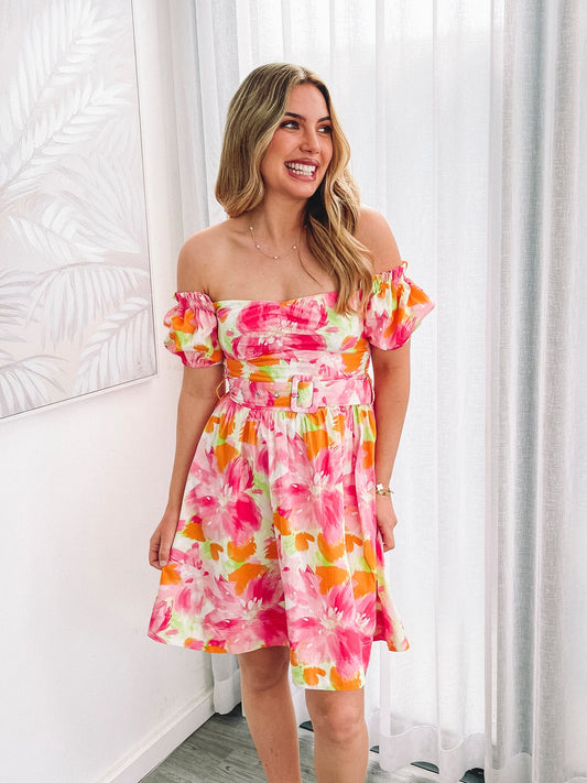 Devira Pink Blossom Dress | Women's Printed Mini Dress