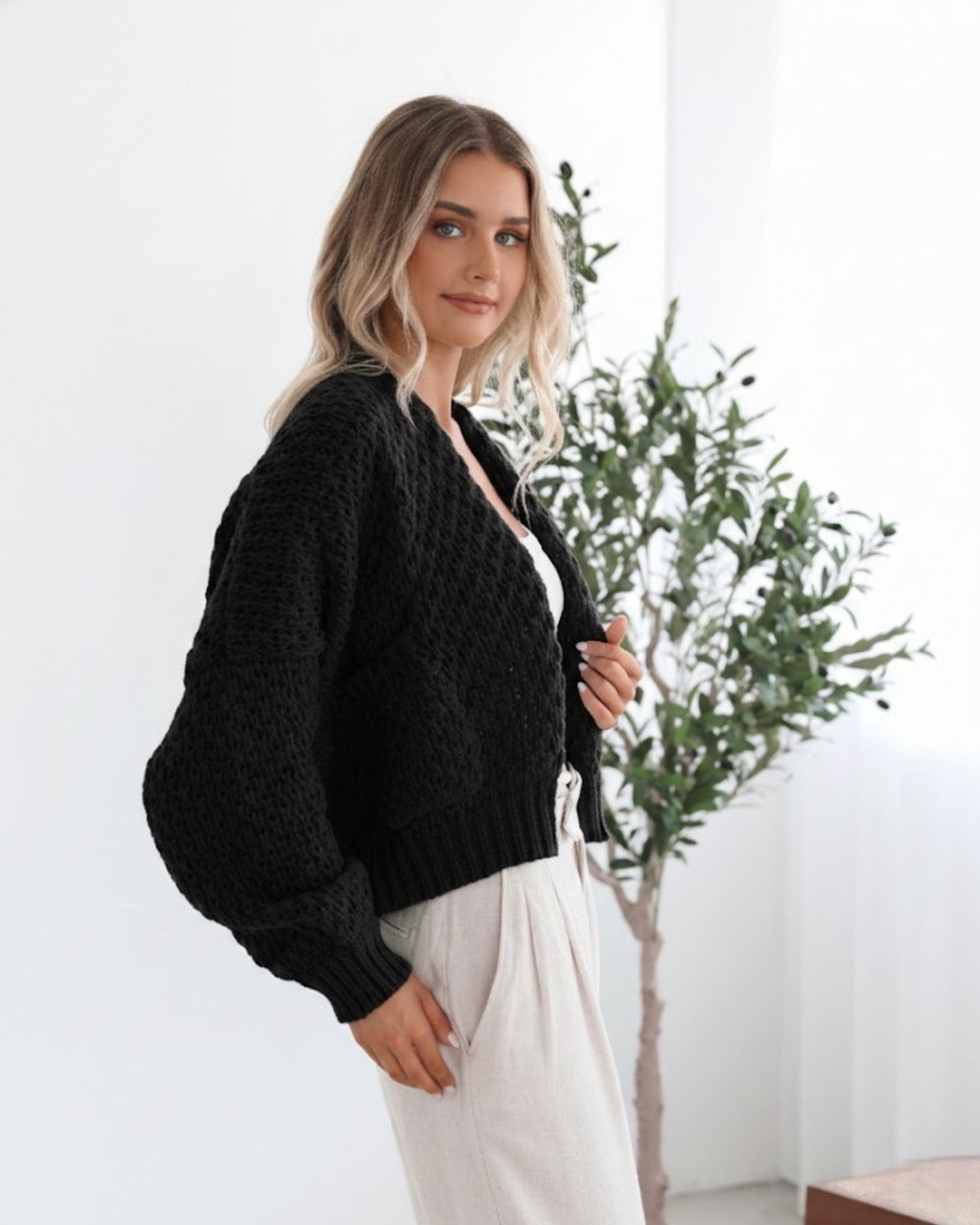 Dorine Cardigan - Black | Women's Chunky Knit Open Front Cardigan