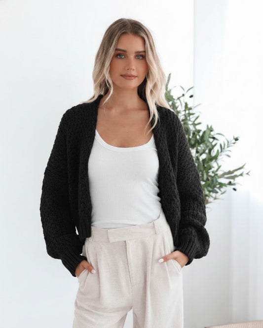 Dorine Cardigan - Black | Women's Chunky Knit Open Front Cardigan