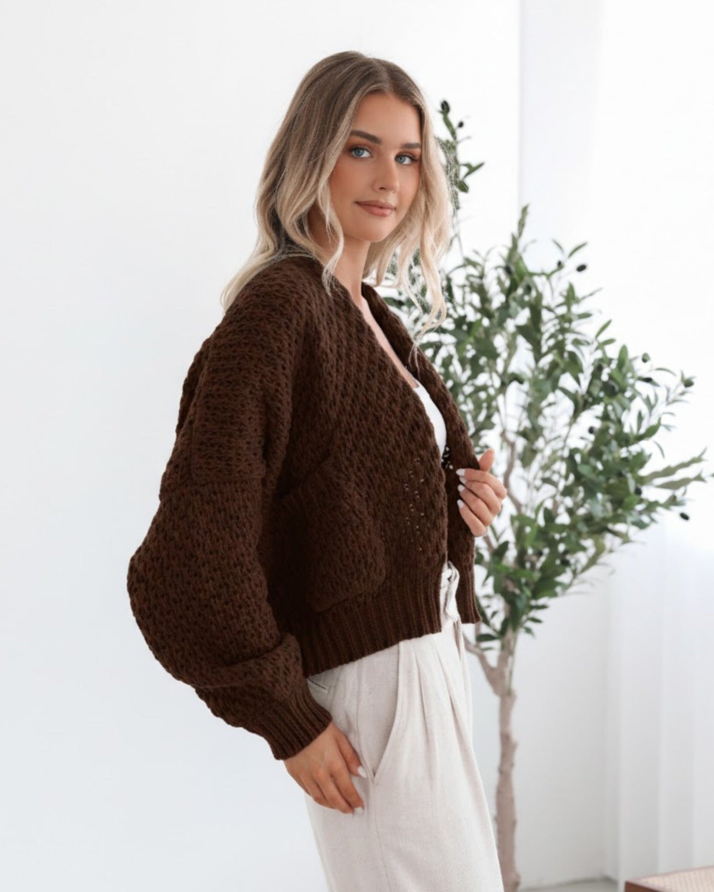 Dorine Cardigan Coffee | Women's Chunky Knit Open Front Cardigan