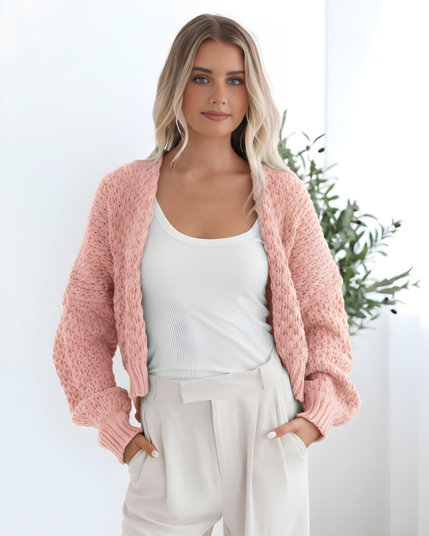 Dorine Cardigan - Soft Pink | Women's Chunky Knit Open Front Cardigan