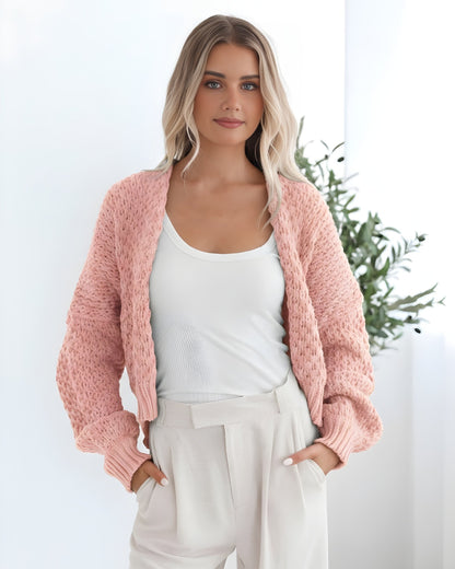 Dorine Cardigan - Soft Pink | Women's Chunky Knit Open Front Cardigan