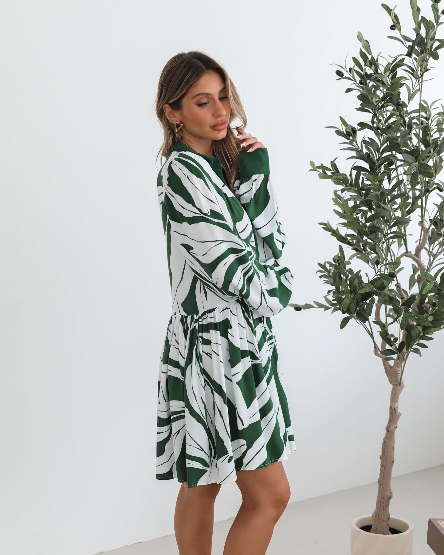 Eilynne Green Print Dress | Women's Printed Shirt Dress
