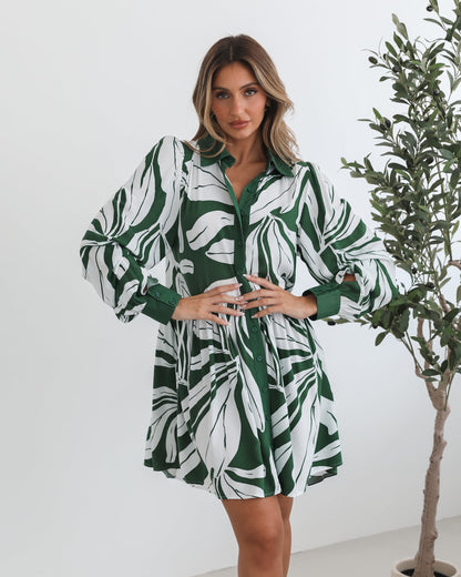 Eilynne Green Print Dress | Women's Printed Shirt Dress