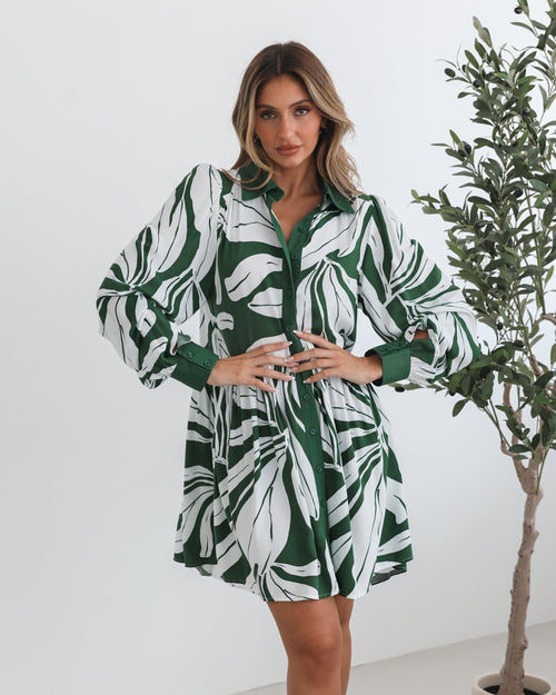Eilynne Green Print Dress | Women's Printed Shirt Dress