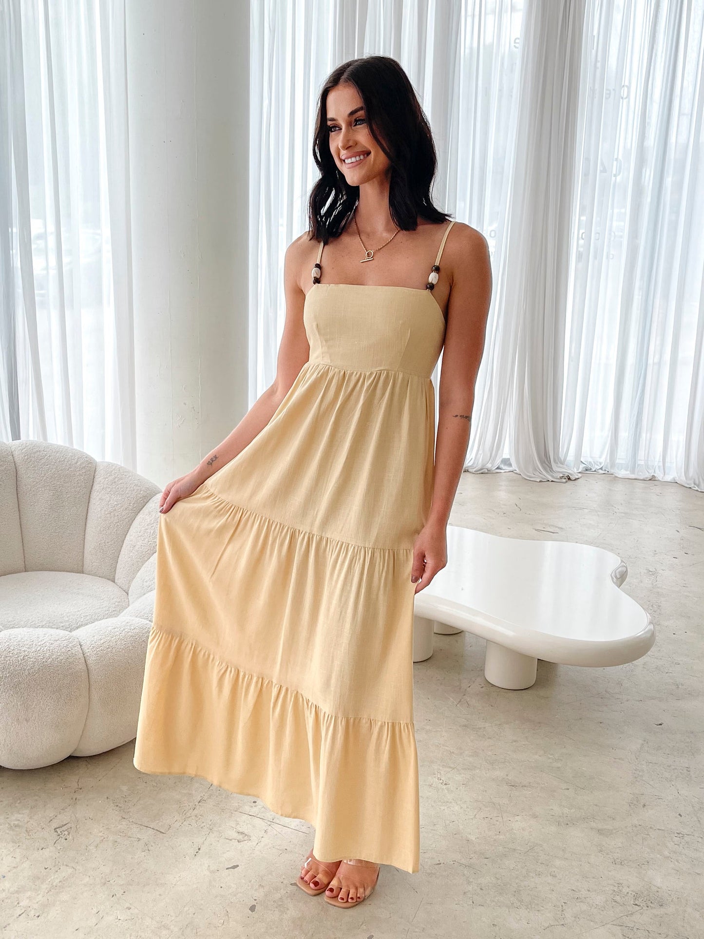 Elarise Yellow Dress | Women's Linen Blend Maxi Dress