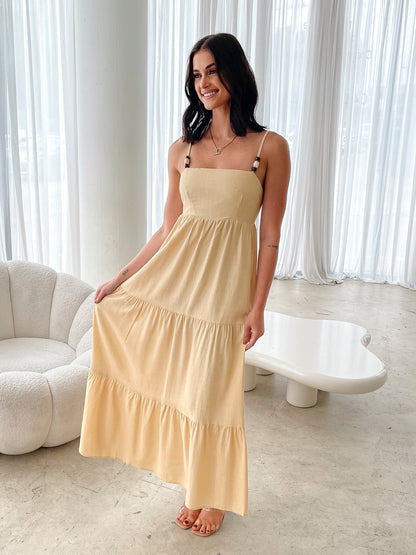 Elarise Yellow Dress | Women's Linen Blend Maxi Dress