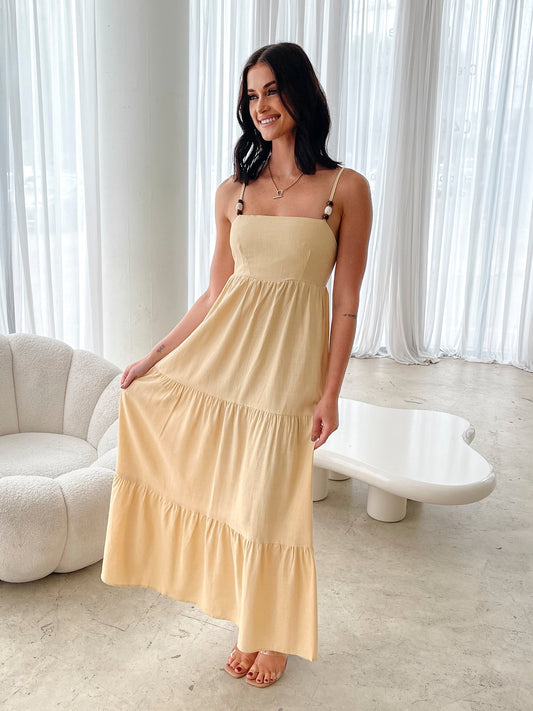 Elarise Yellow Dress | Women's Linen Blend Maxi Dress