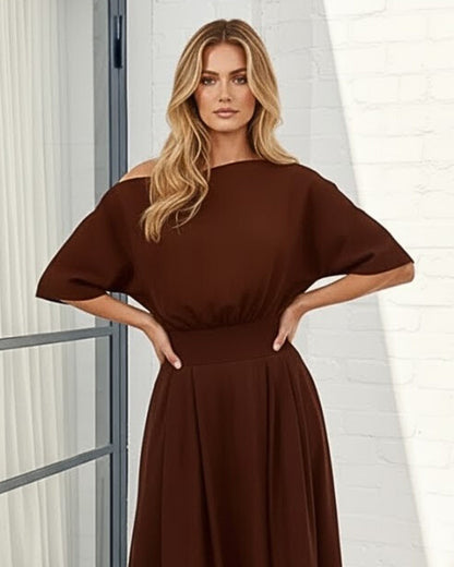 Emmanuelle Dress - Brown | Women's Boat Neck Cotton Maxi Dress