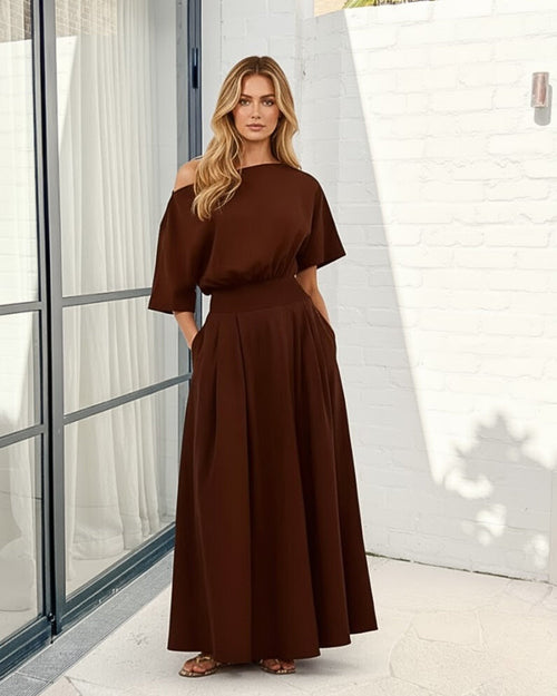 Emmanuelle Dress - Brown | Women's Boat Neck Cotton Maxi Dress